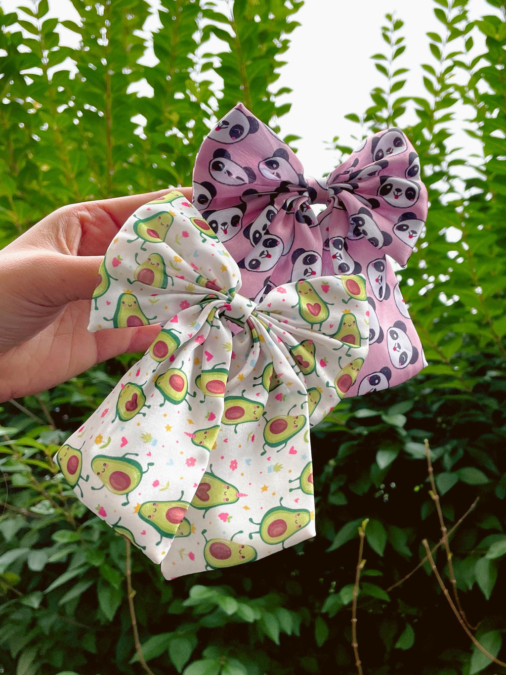 Panda & Avocado Satin Hair Bows - Kawaii Inspired
