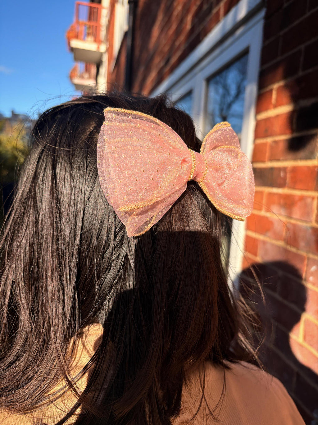 Shimmer Organza Hair Bow Clip – Golden Trim, Party Accessory | Birthday gift for her