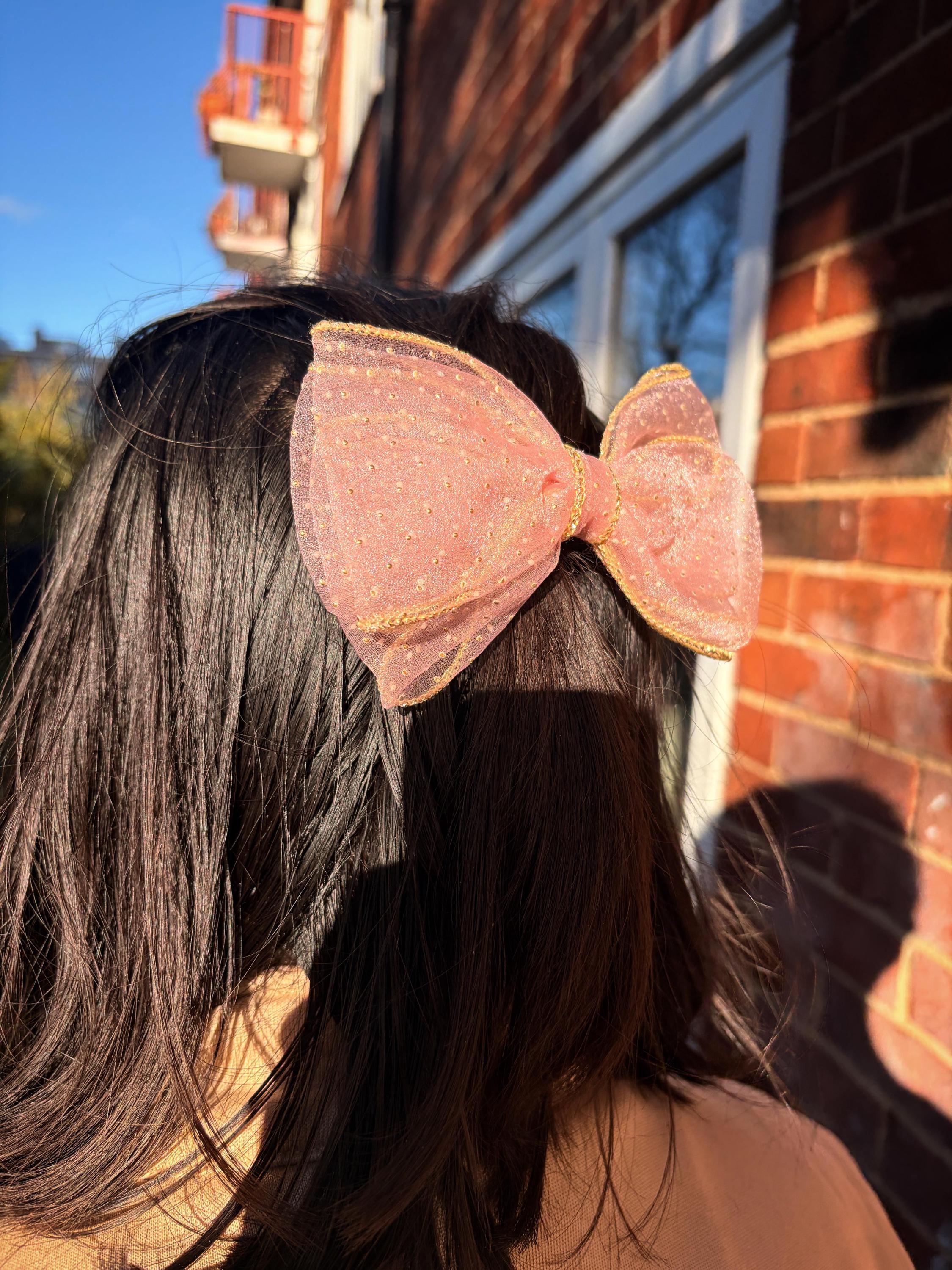 Shimmer Organza Hair Bow Clip – Golden Trim, Party Accessory | Birthday gift for her