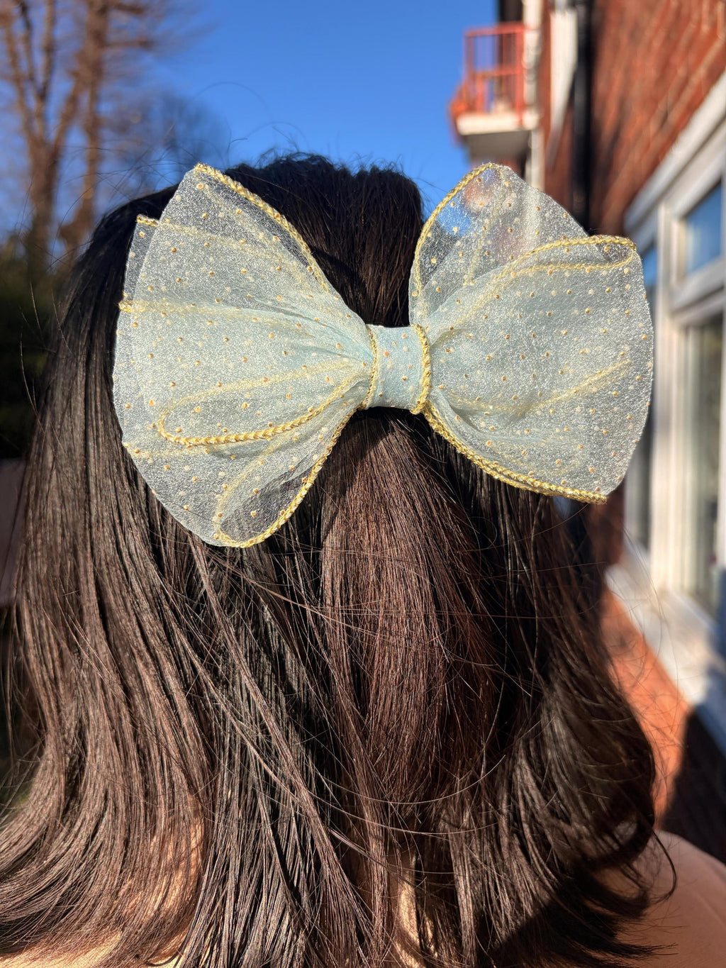 Shimmer Organza Hair Bow Clip – Golden Trim, Party Accessory | Birthday gift for her