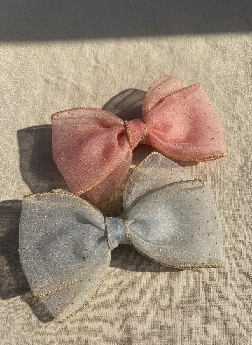 Shimmer Organza Hair Bow Clip – Golden Trim, Party Accessory | Birthday gift for her
