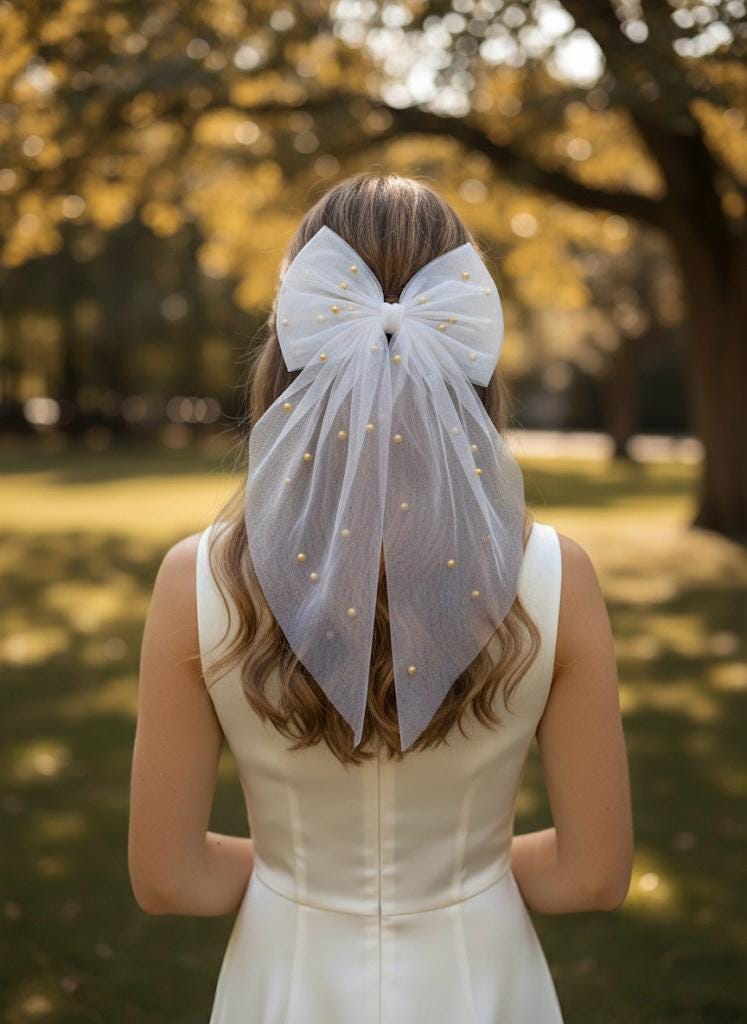 Large White Tulle Bow, Gold Pearl Hair Clip, Coquette Wedding