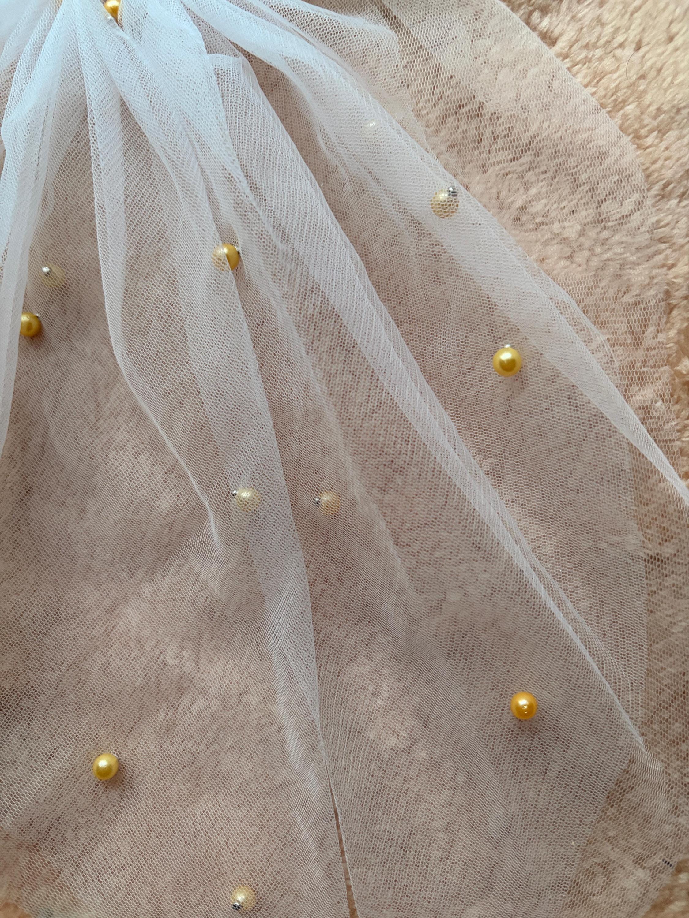 Large White Tulle Bow, Gold Pearl Hair Clip, Coquette Wedding