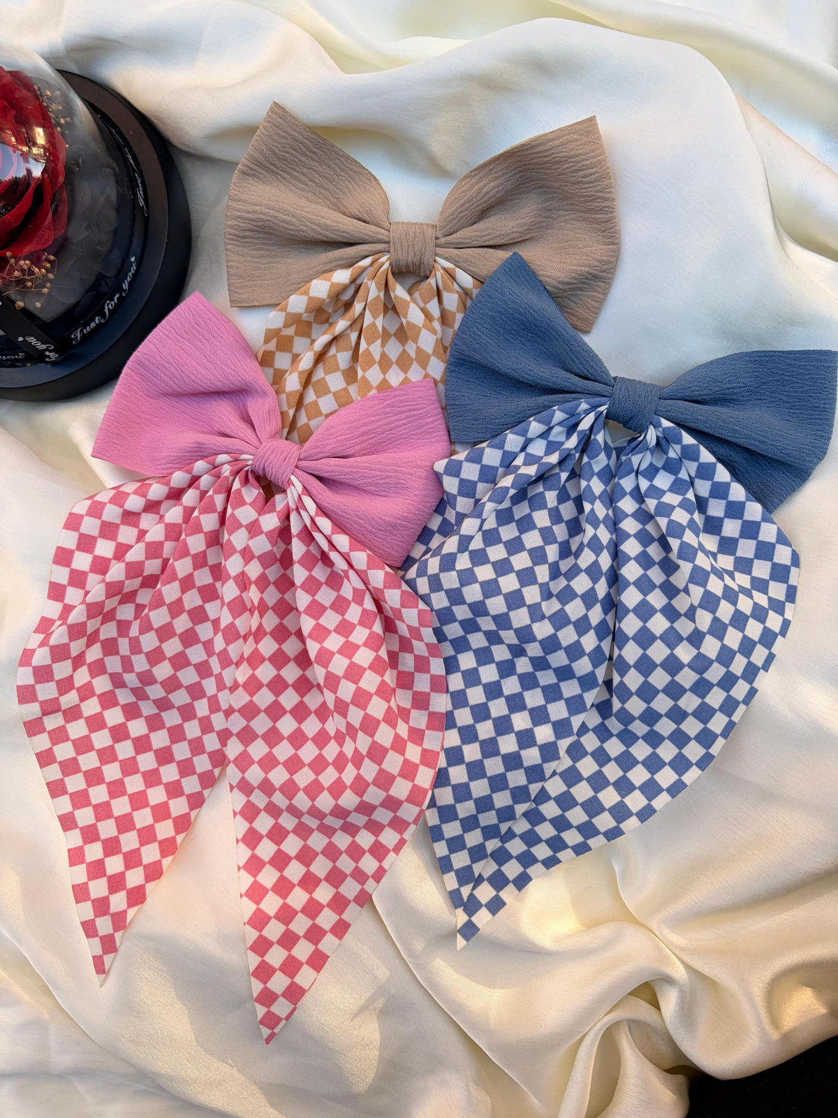 Large Checkered Hair Bow, Long Tails, Coquette Clip
