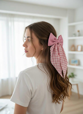 Large Checkered Hair Bow, Long Tails, Coquette Clip