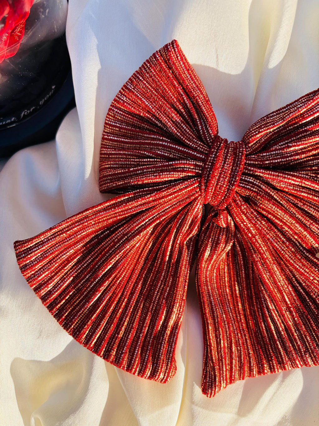 Red Pleated Statement Hair Bow, Oversized Barrette Clip