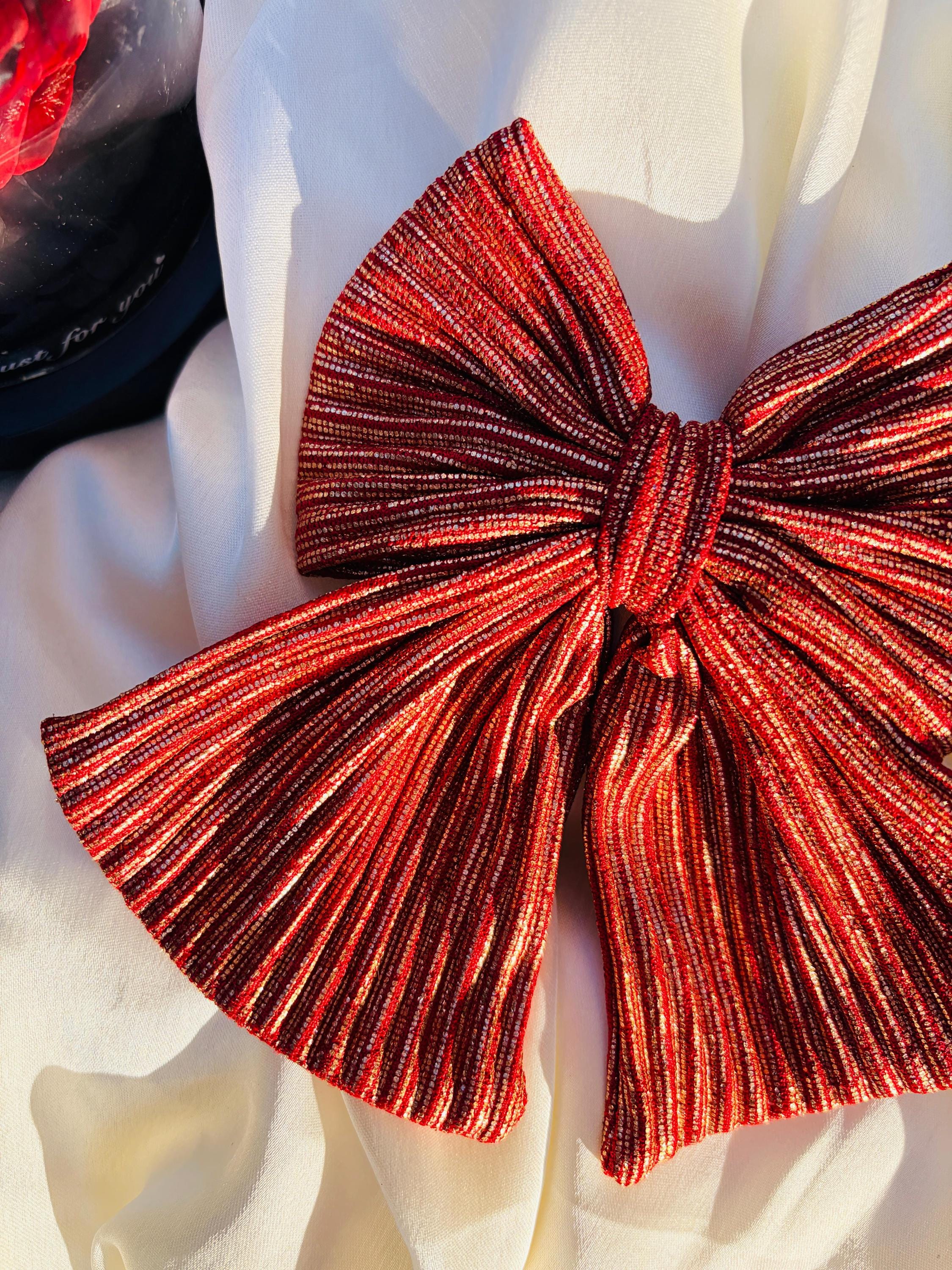 Red Pleated Statement Hair Bow, Oversized Barrette Clip