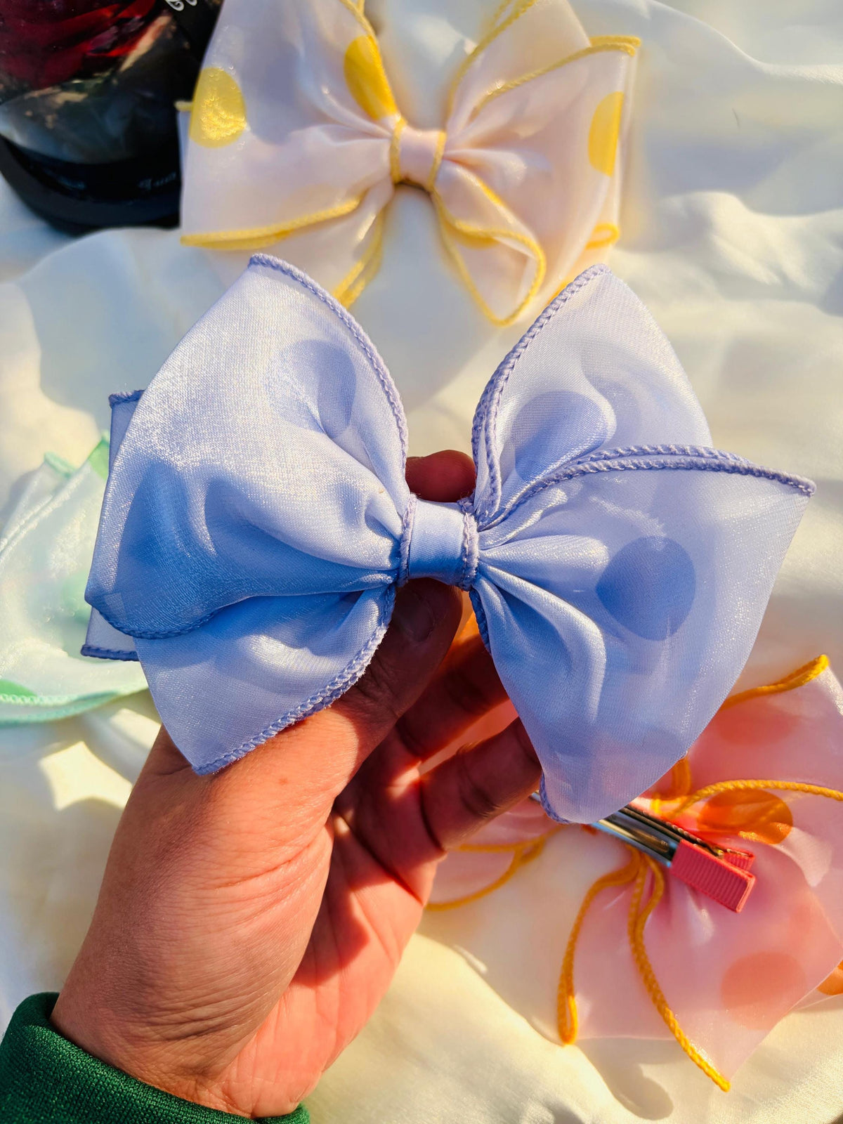 Polka Dot Organza Oversized Hair Bow Clip, Sheer Fabric Coquette Style