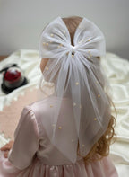 Large White Tulle Bow, Gold Pearl Hair Clip, Coquette Wedding