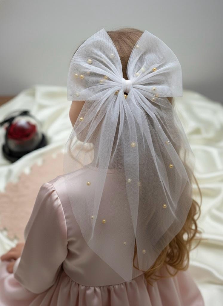 Large White Tulle Bow, Gold Pearl Hair Clip, Coquette Wedding
