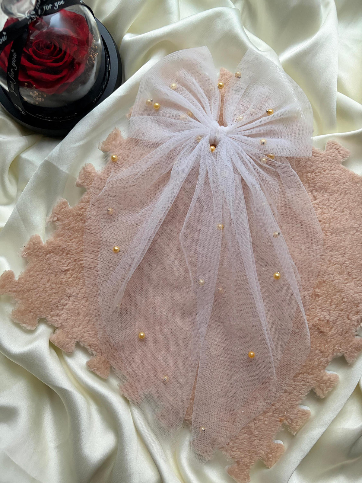 Large White Tulle Bow, Gold Pearl Hair Clip, Coquette Wedding