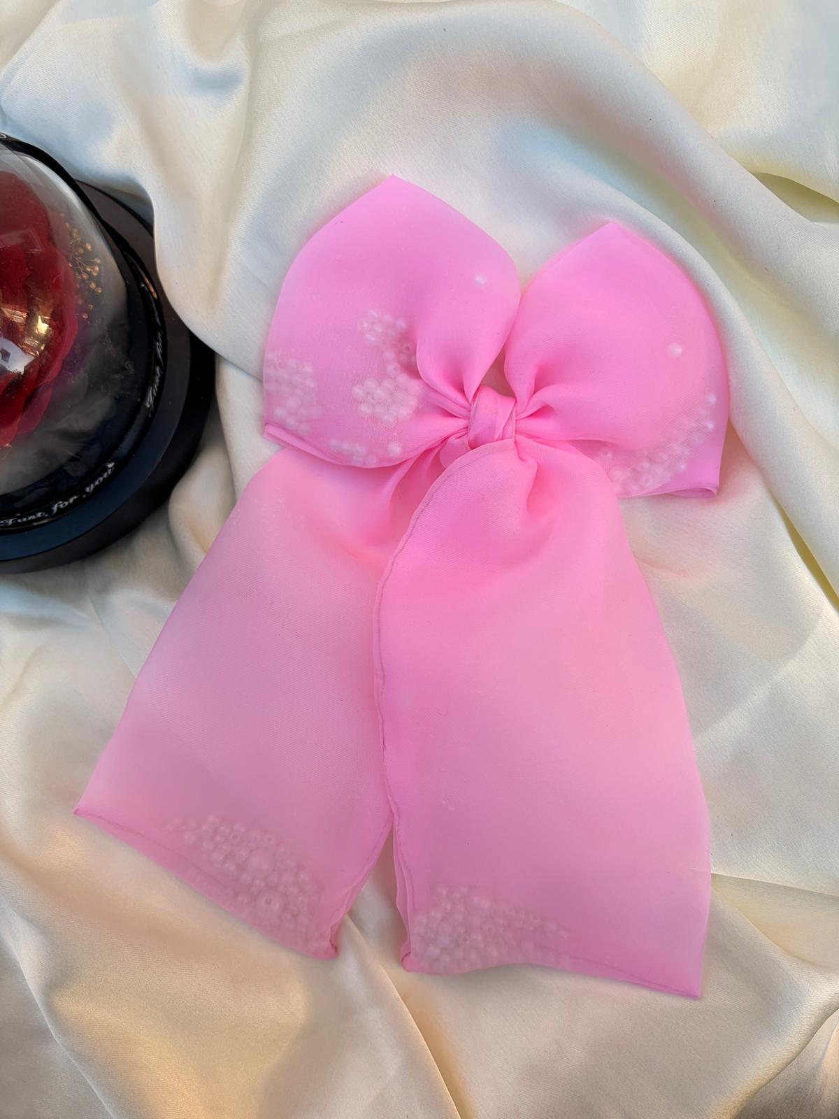 Pink Organza Bow Hair Clip, Beaded Coquette Hair Accessory - Gift for her