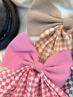 Large Checkered Hair Bow, Long Tails, Coquette Clip