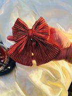 Red Pleated Statement Hair Bow, Oversized Barrette Clip