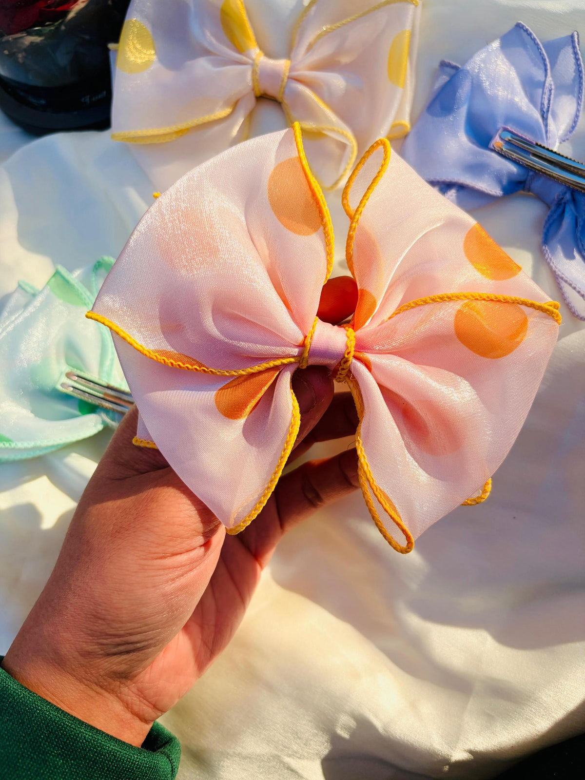 Polka Dot Organza Oversized Hair Bow Clip, Sheer Fabric Coquette Style