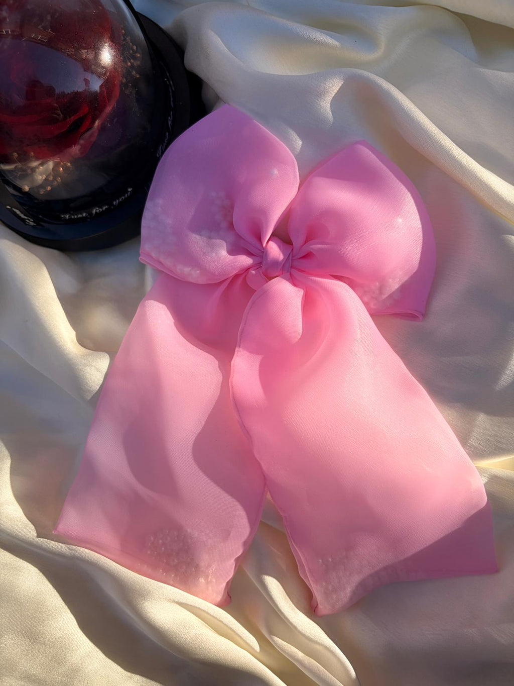 Pink Organza Bow Hair Clip, Beaded Coquette Hair Accessory - Gift for her
