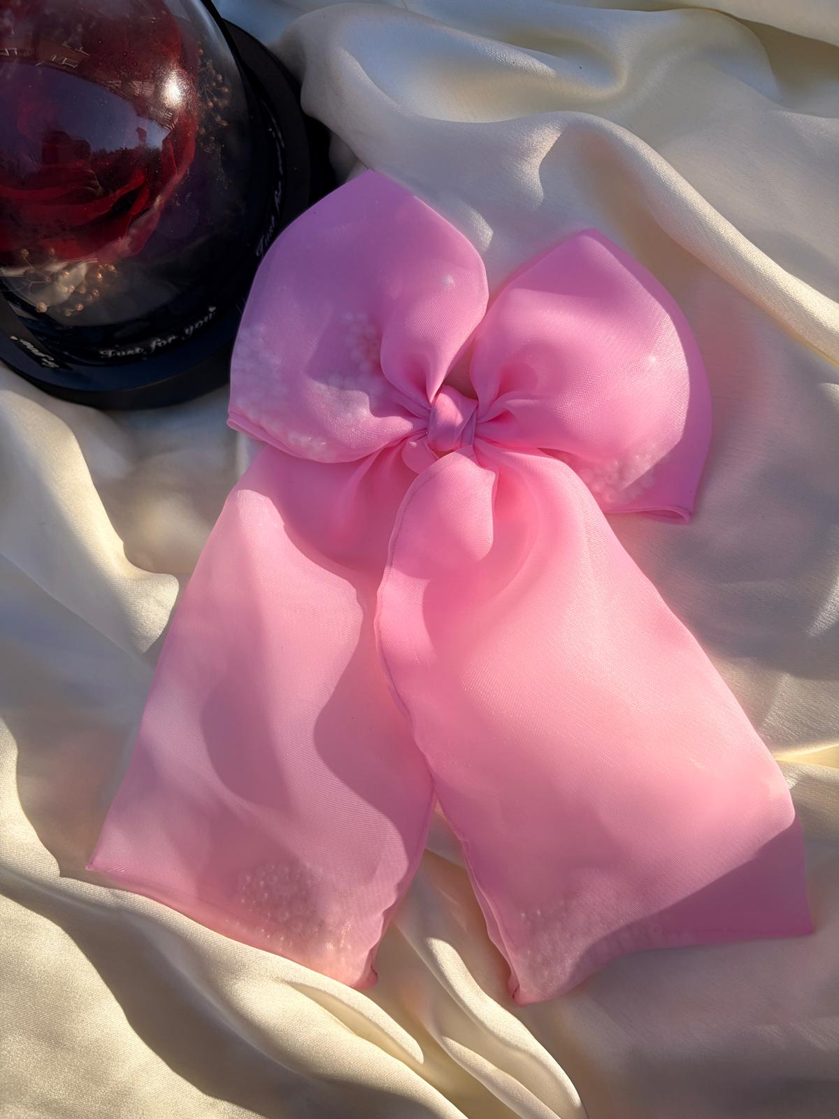 Pink Organza Bow Hair Clip, Beaded Coquette Hair Accessory - Gift for her