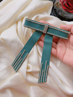 Teal Vegan Leather Bow Clip, Rhinestone Crystal Trimmed Long Tail Barrette