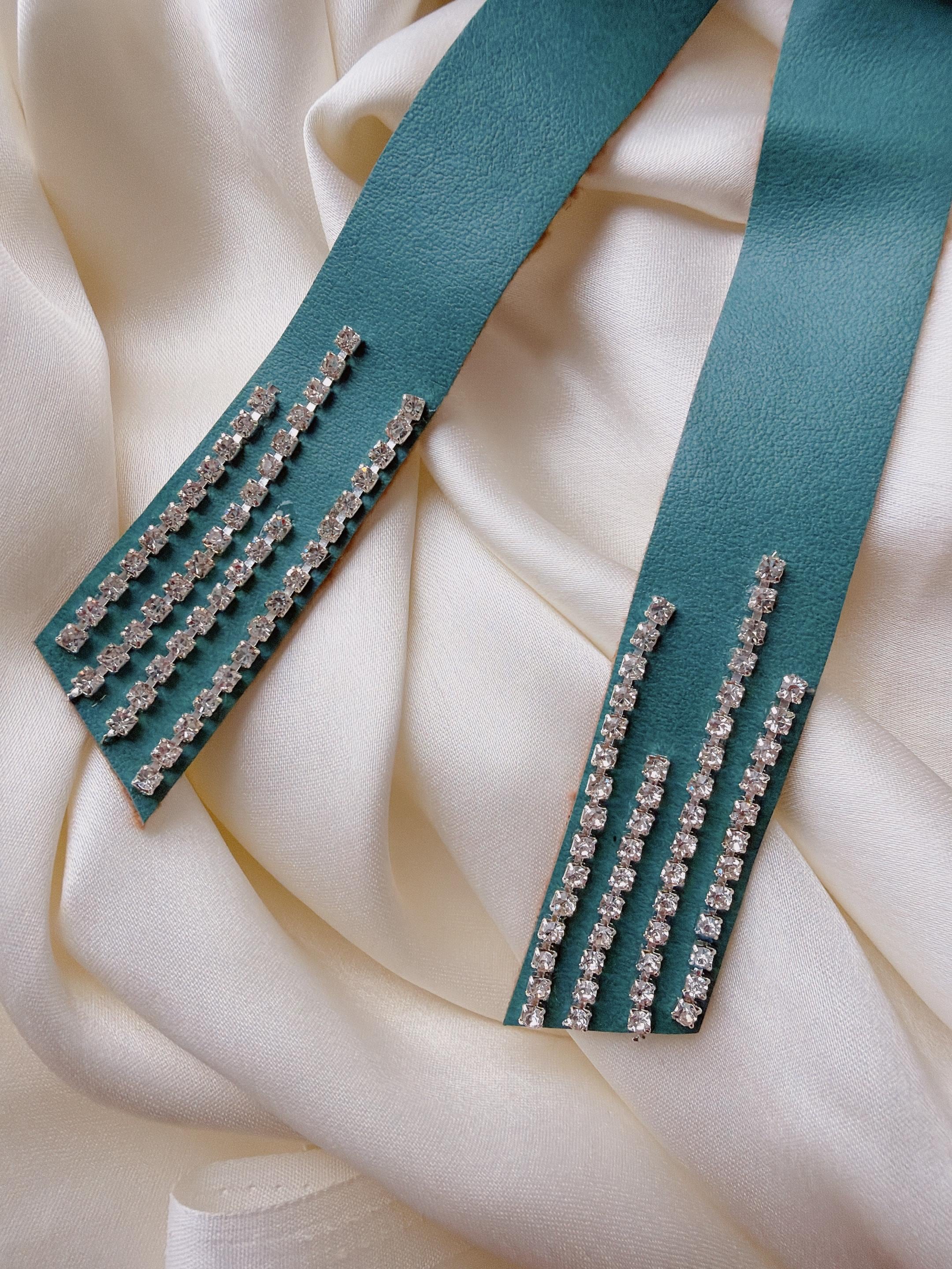 Teal Vegan Leather Bow Clip, Rhinestone Crystal Trimmed Long Tail Barrette