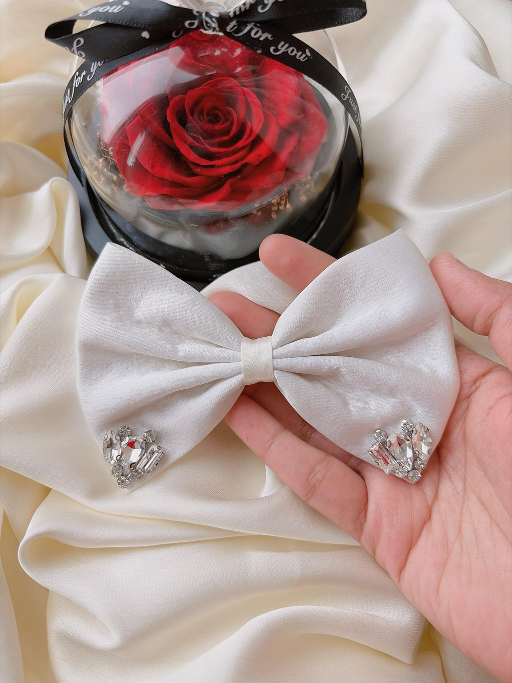 Ivory Satin Bridal Hair Bow with Crystal Rhinestones - Elegant Wedding Clip