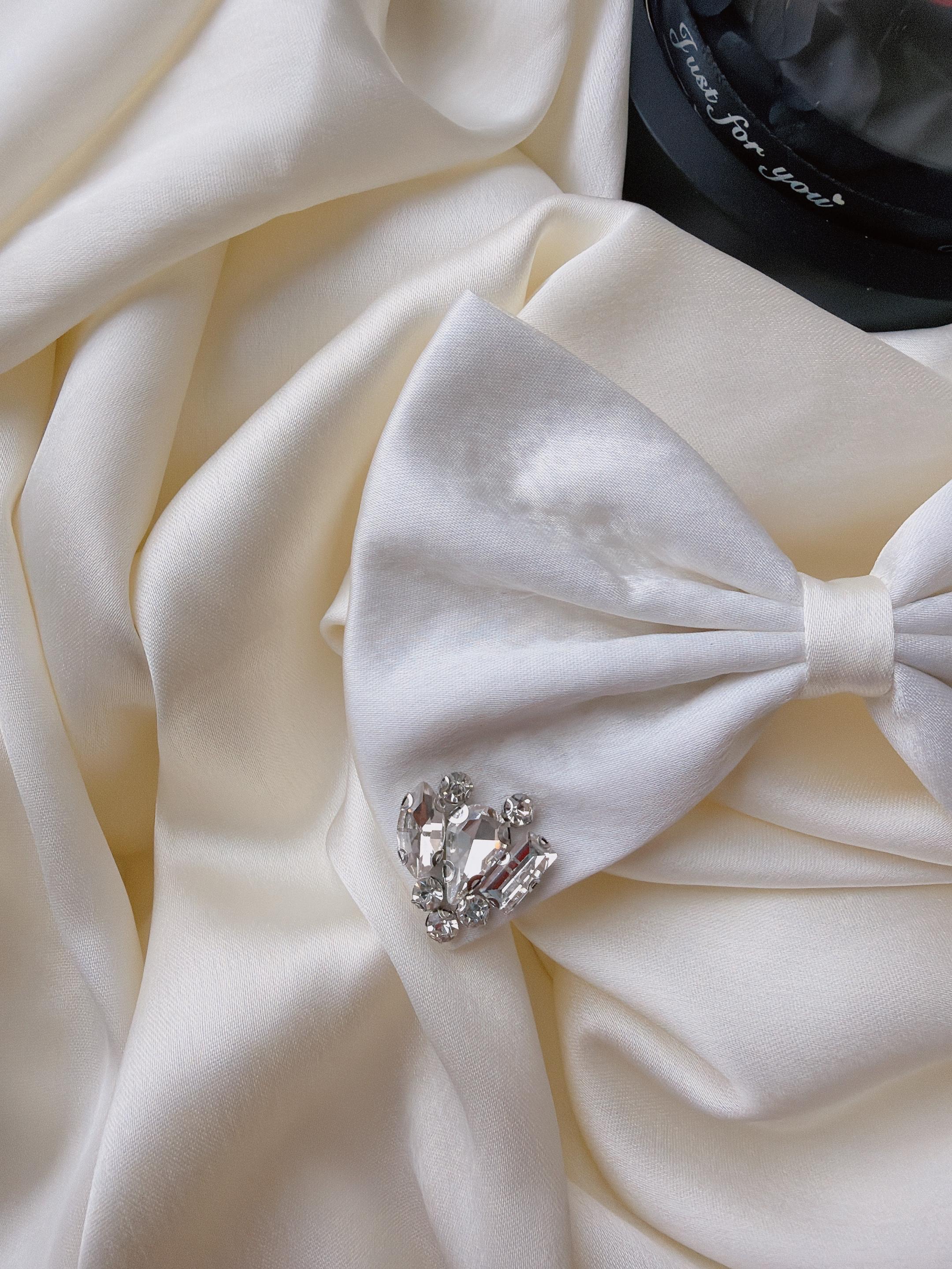 Ivory Satin Bridal Hair Bow with Crystal Rhinestones - Elegant Wedding Clip