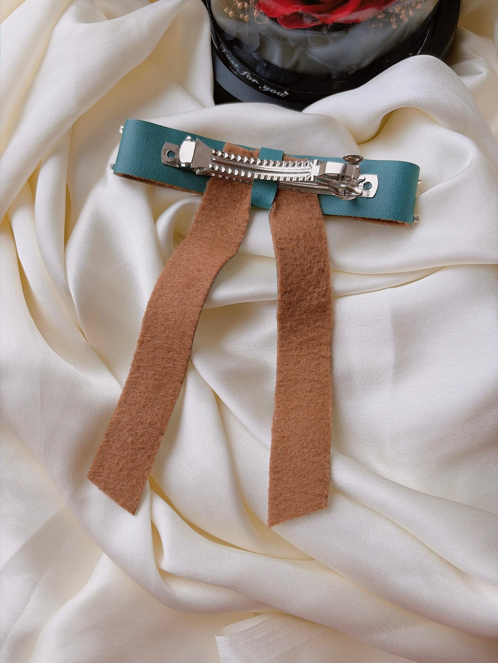 Teal Vegan Leather Bow Clip, Rhinestone Crystal Trimmed Long Tail Barrette