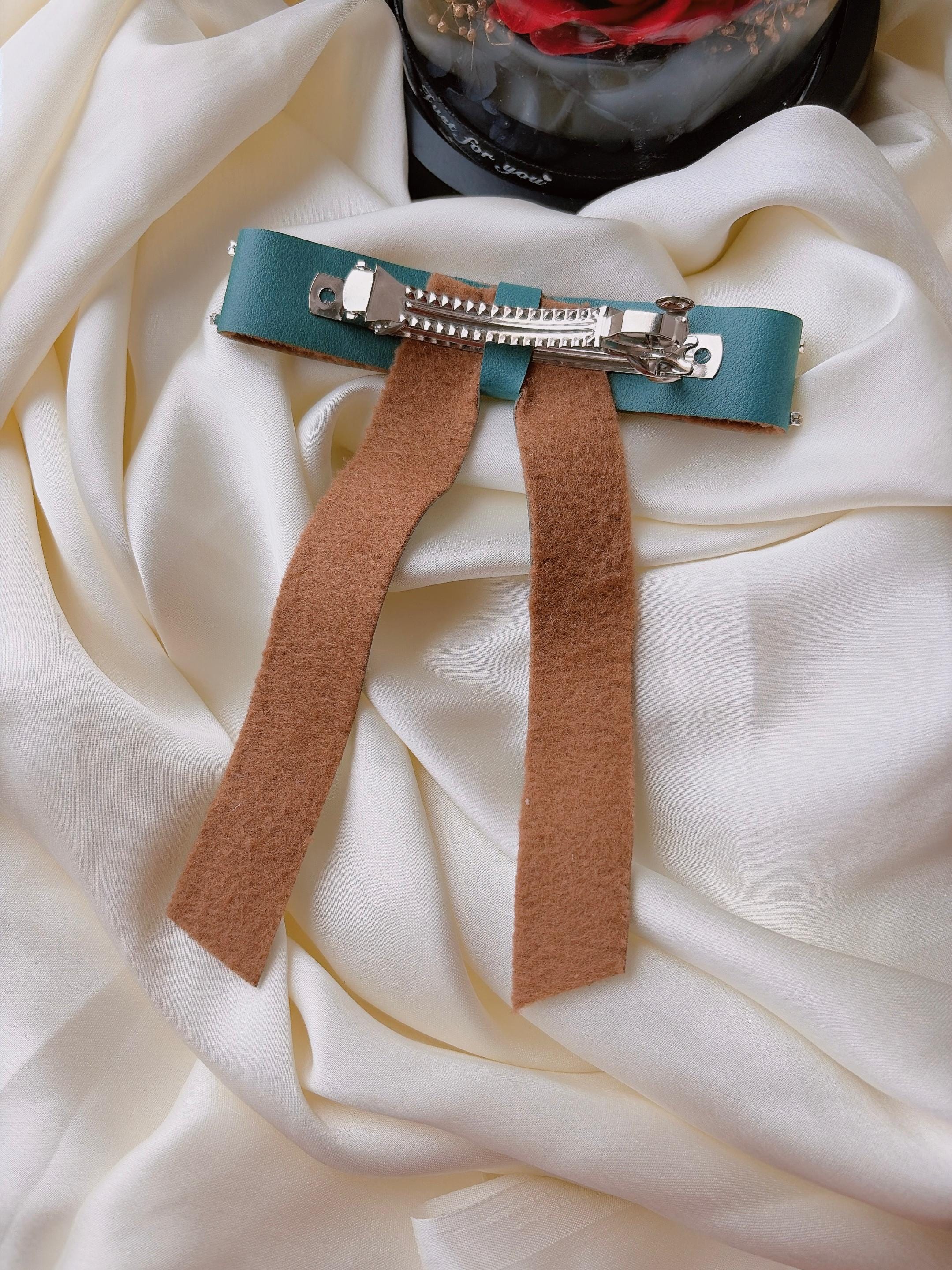 Teal Vegan Leather Bow Clip, Rhinestone Crystal Trimmed Long Tail Barrette