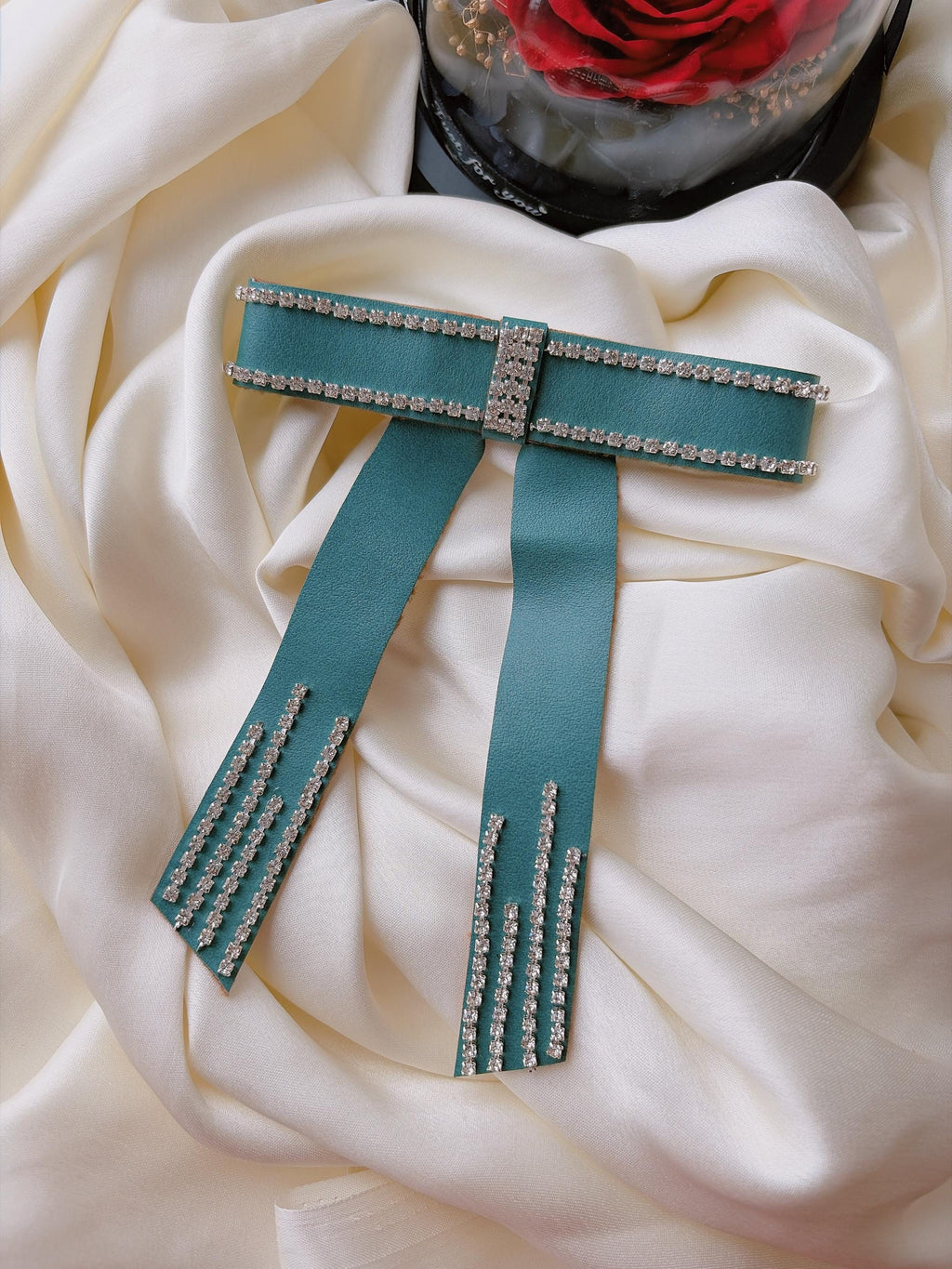 Teal Vegan Leather Bow Clip, Rhinestone Crystal Trimmed Long Tail Barrette