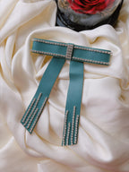 Teal Vegan Leather Bow Clip, Rhinestone Crystal Trimmed Long Tail Barrette