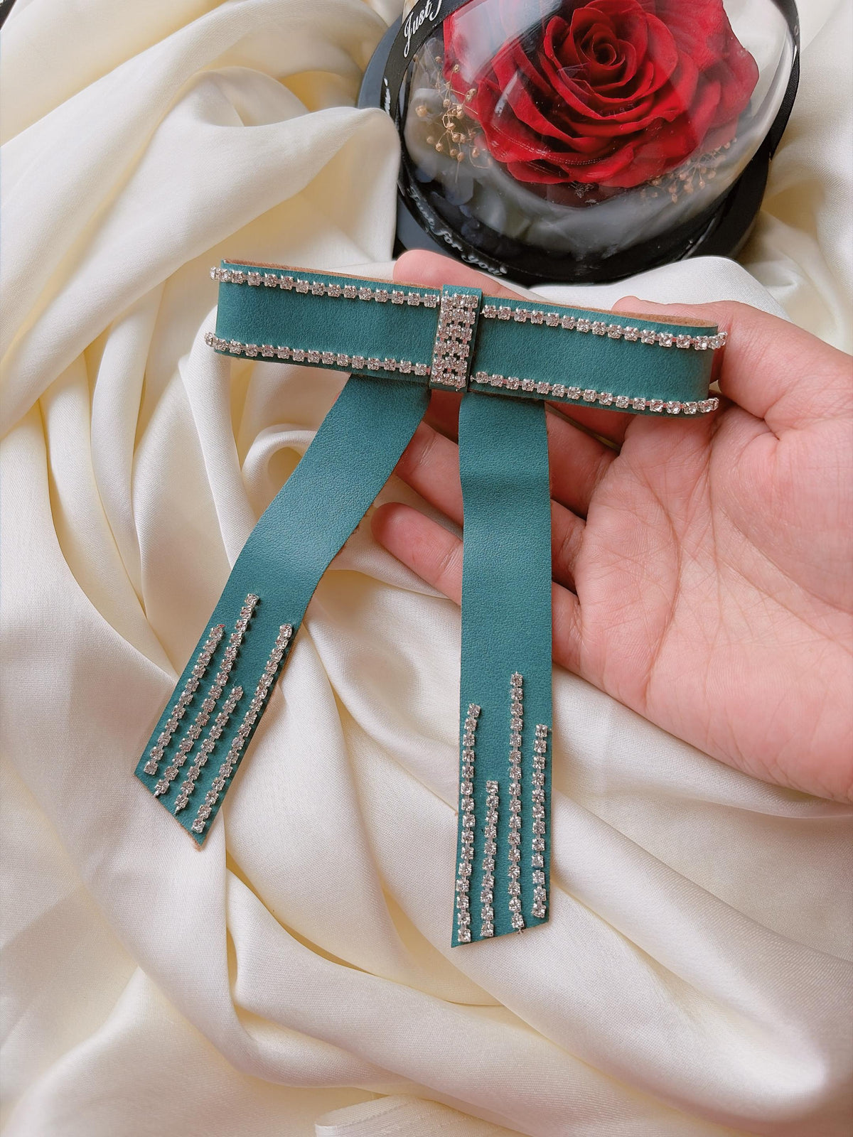 Teal Vegan Leather Bow Clip, Rhinestone Crystal Trimmed Long Tail Barrette