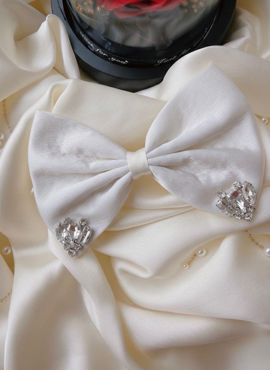Ivory Satin Bridal Hair Bow with Crystal Rhinestones - Elegant Wedding Clip