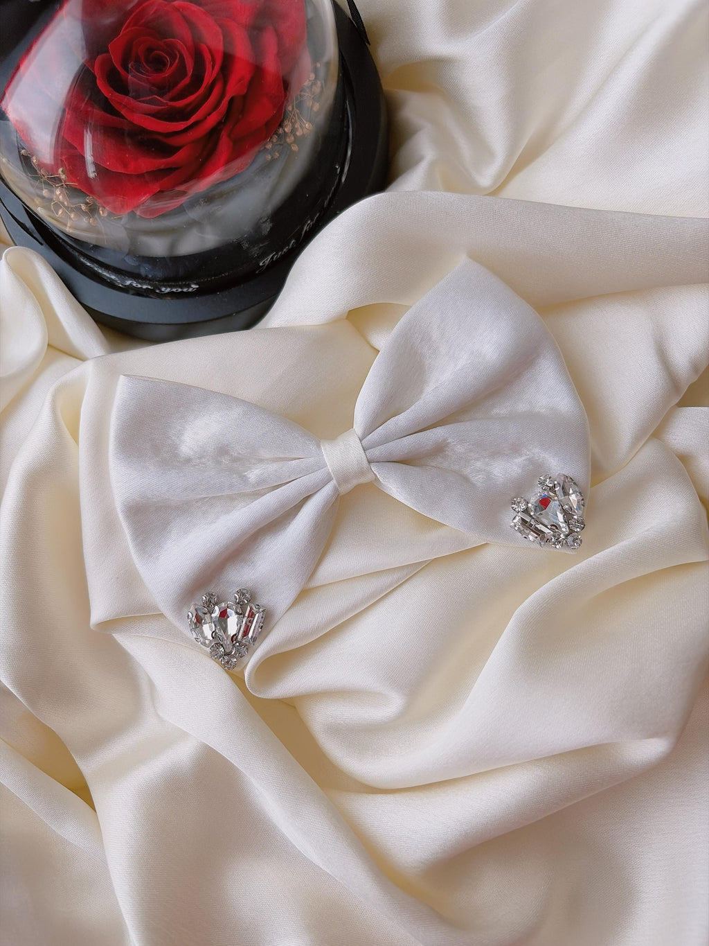 Ivory Satin Bridal Hair Bow with Crystal Rhinestones - Elegant Wedding Clip