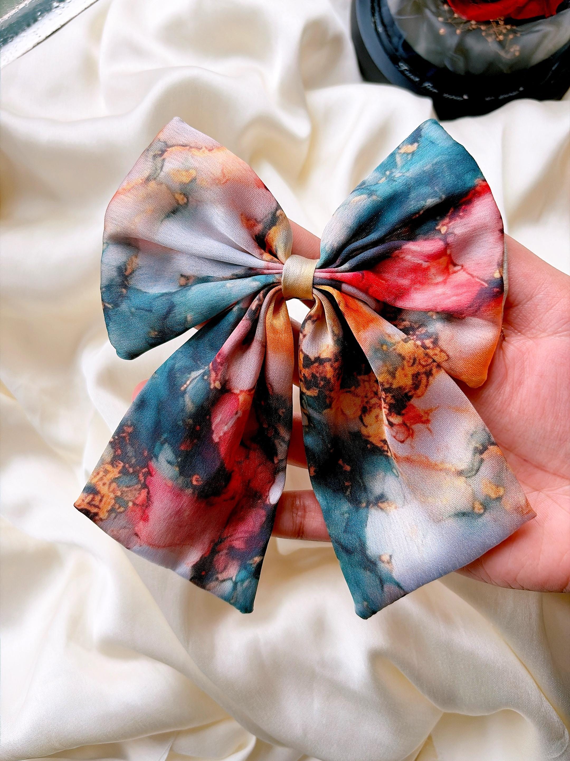 Oversized Silk Hair Bow, Abstract Marble Print, Statement Clip, French Barrette Accessory