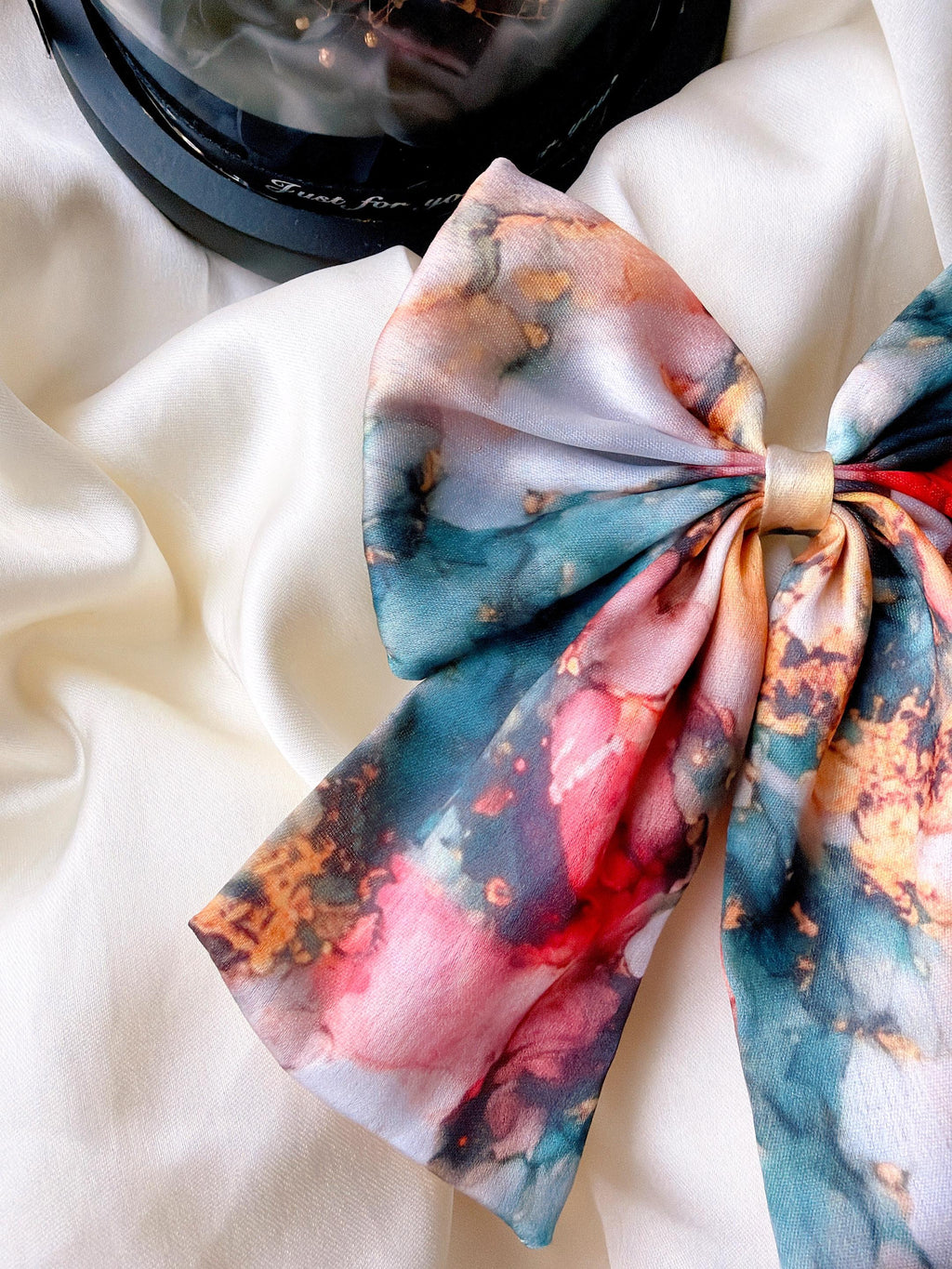 Oversized Silk Hair Bow, Abstract Marble Print, Statement Clip, French Barrette Accessory