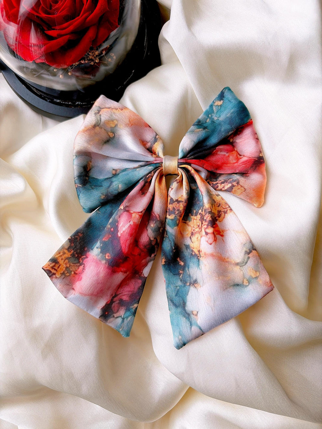 Oversized Silk Hair Bow, Abstract Marble Print, Statement Clip, French Barrette Accessory