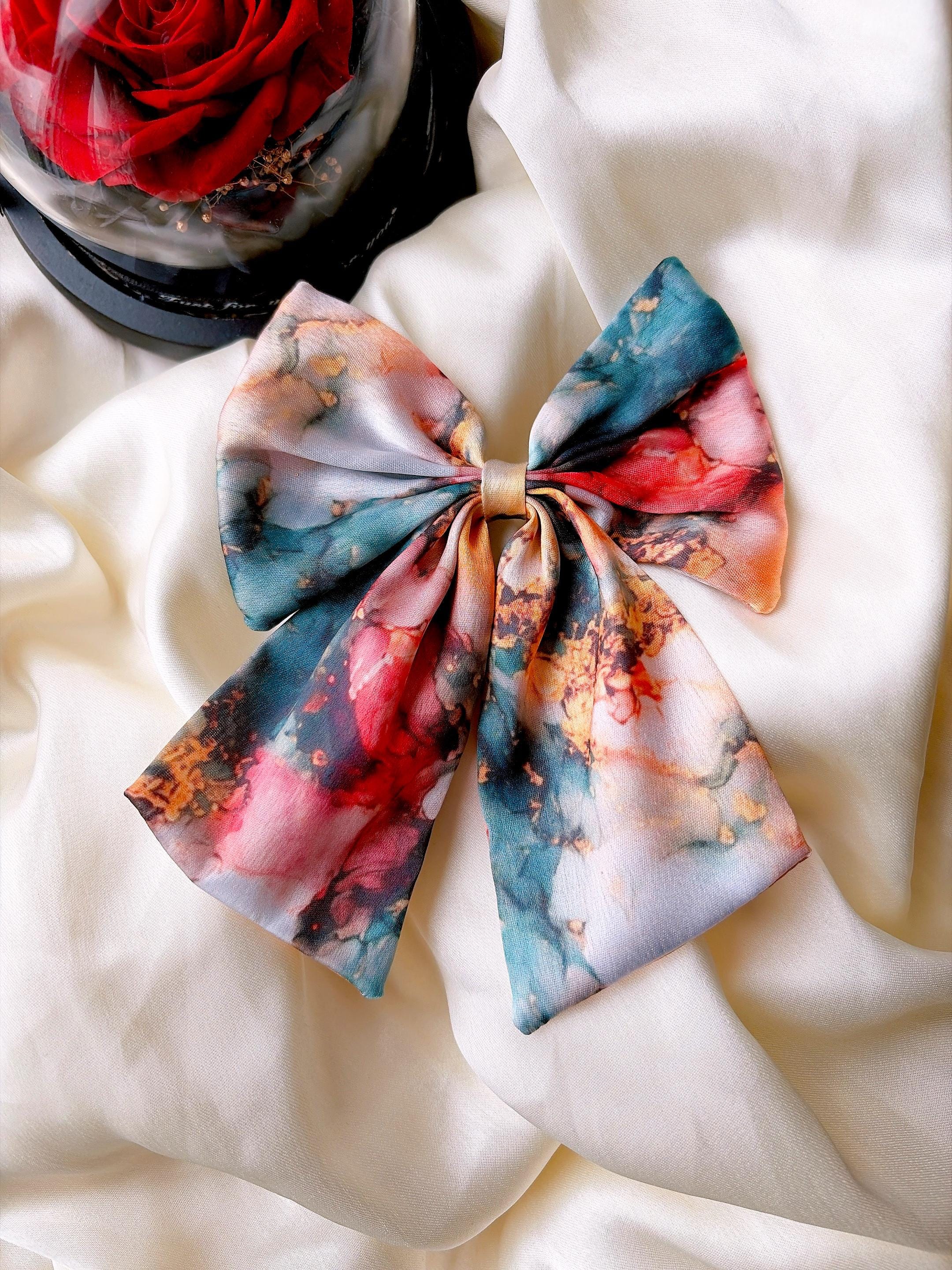 Oversized Silk Hair Bow, Abstract Marble Print, Statement Clip, French Barrette Accessory