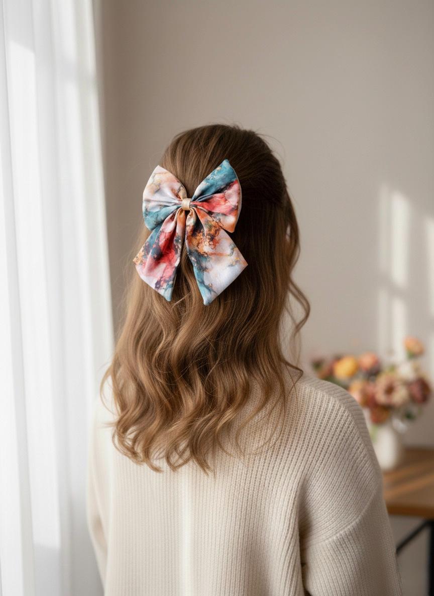 Oversized Silk Hair Bow, Abstract Marble Print, Statement Clip, French Barrette Accessory