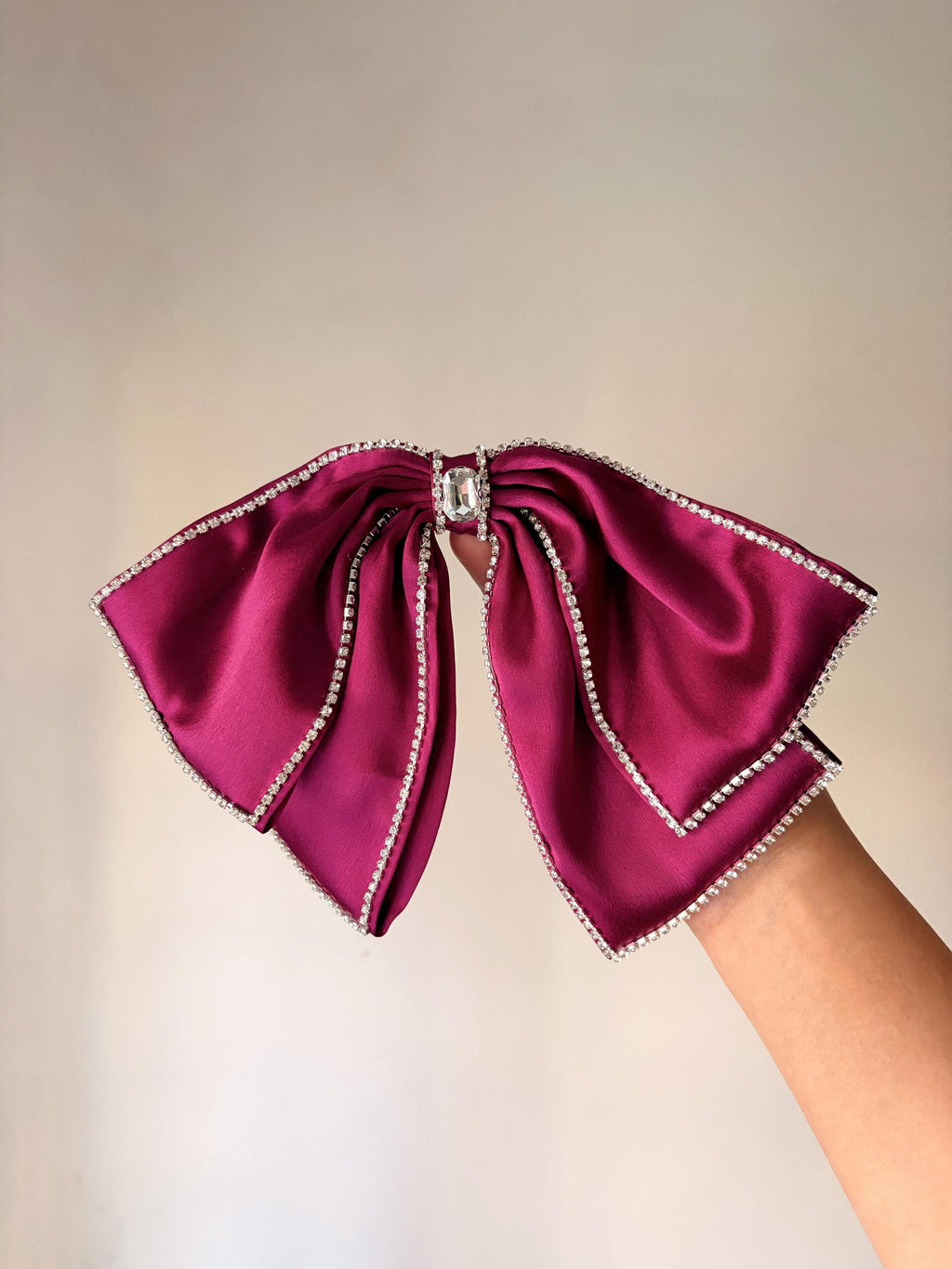 Oversized Magenta Satin Hair Bow – Rhinestone Trim, Crystal Embellished Statement Clip