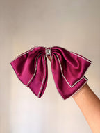 Oversized Magenta Satin Hair Bow – Rhinestone Trim, Crystal Embellished Statement Clip