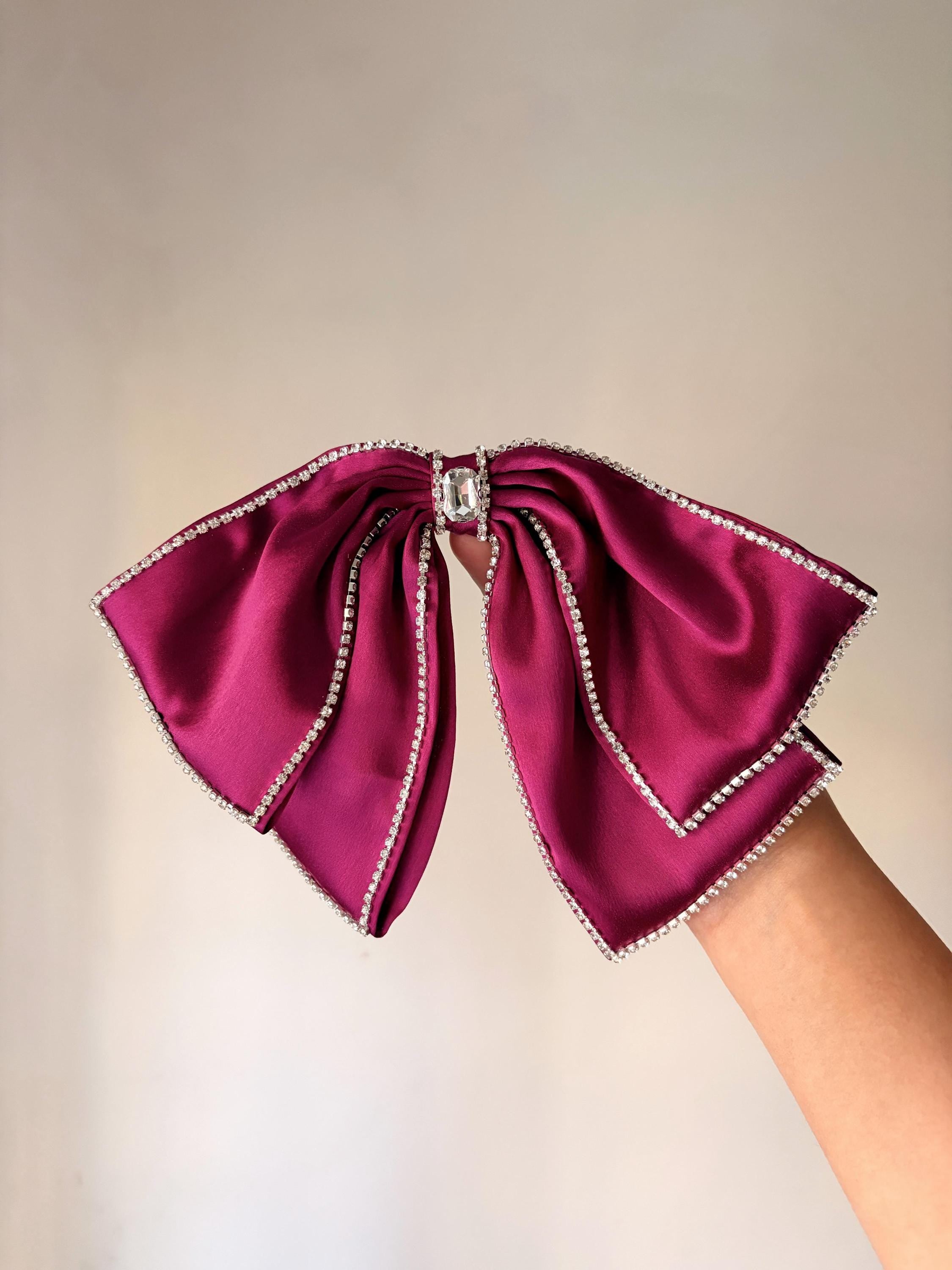 Oversized Magenta Satin Hair Bow – Rhinestone Trim, Crystal Embellished Statement Clip