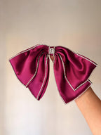 Oversized Magenta Satin Hair Bow – Rhinestone Trim, Crystal Embellished Statement Clip