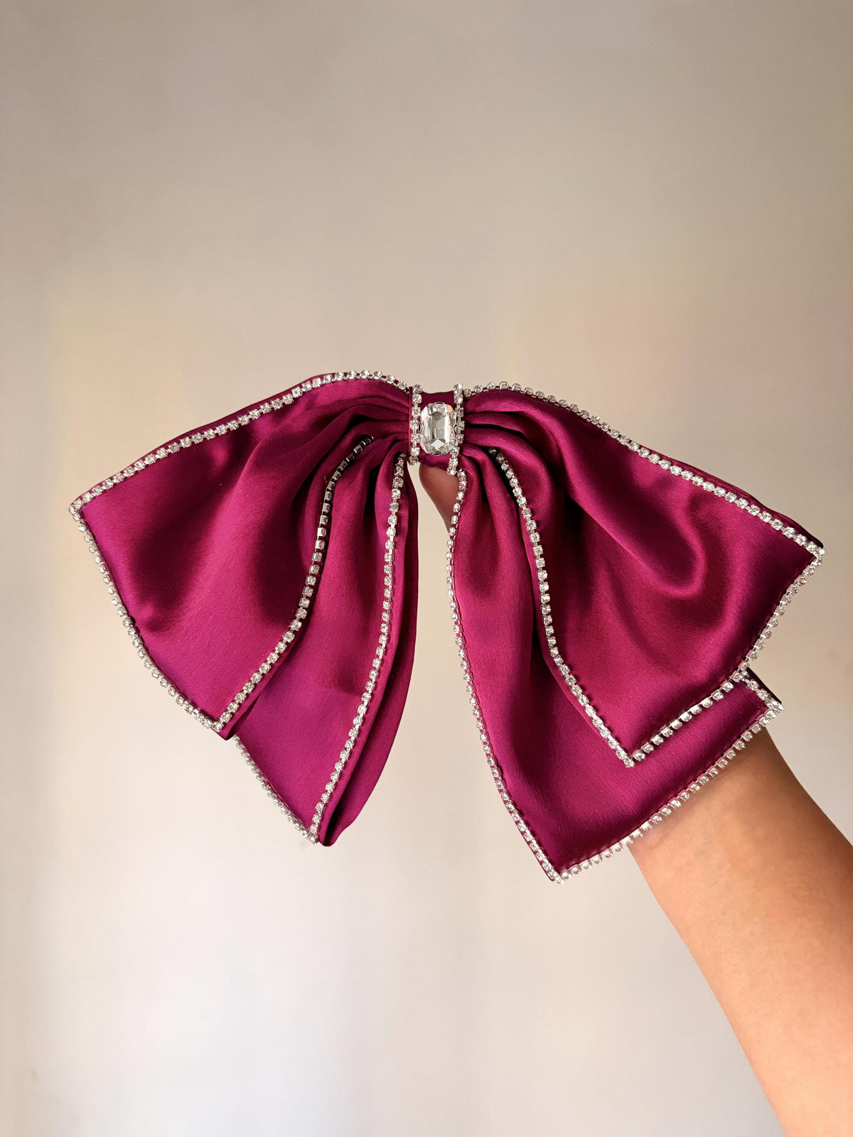 Oversized Magenta Satin Hair Bow – Rhinestone Trim, Crystal Embellished Statement Clip