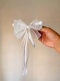 White Organza Hair Bow with Long Ribbons, Coquette Bridal Hair Accessory