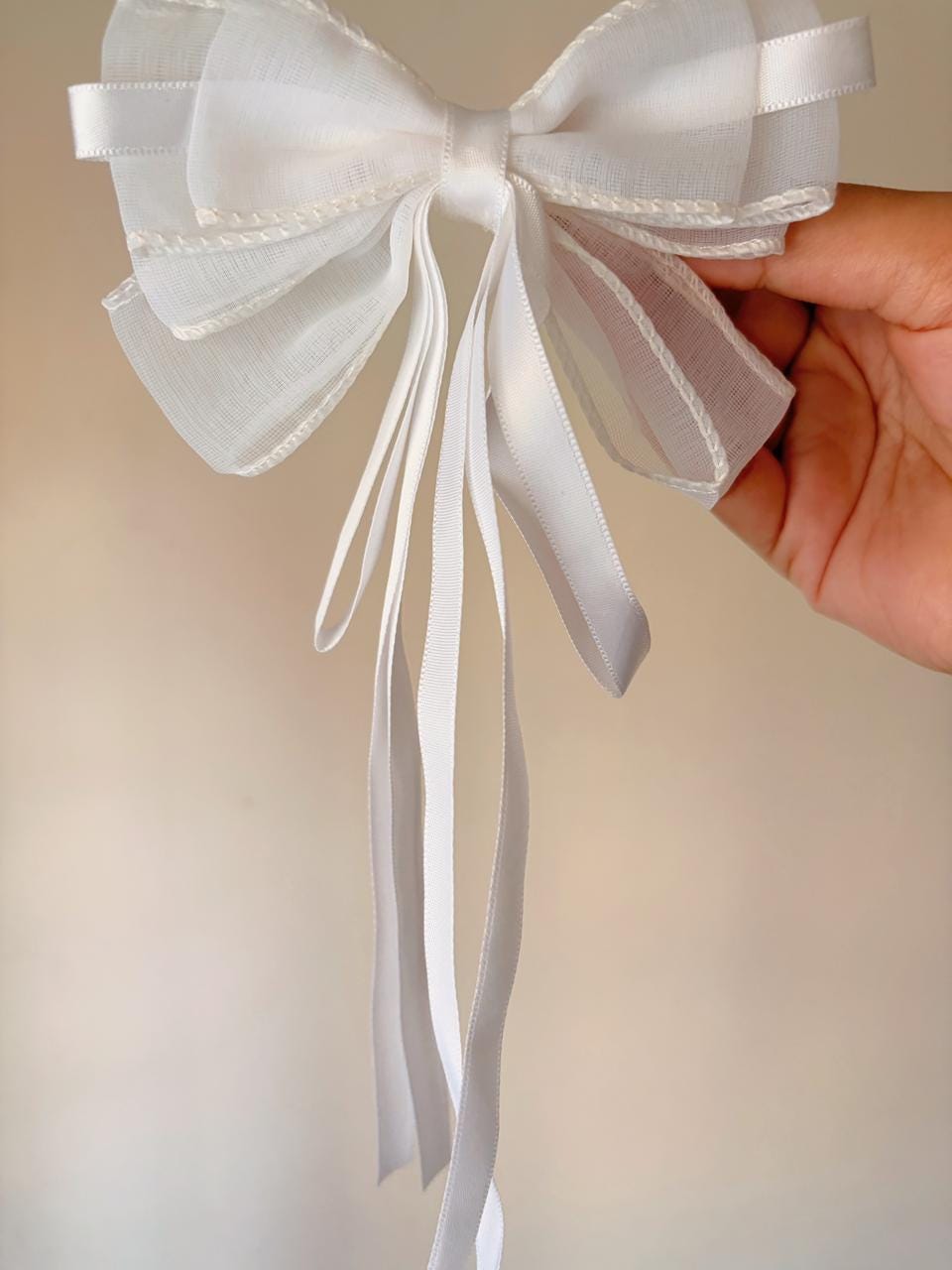White Organza Hair Bow with Long Ribbons, Coquette Bridal Hair Accessory