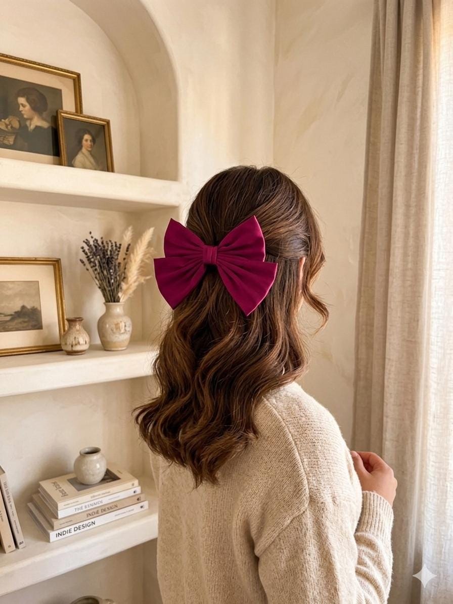 Oversized Satin Hair Bow Clip, Jewel-Toned Magenta, French Barrette, Coquette Style Accessory