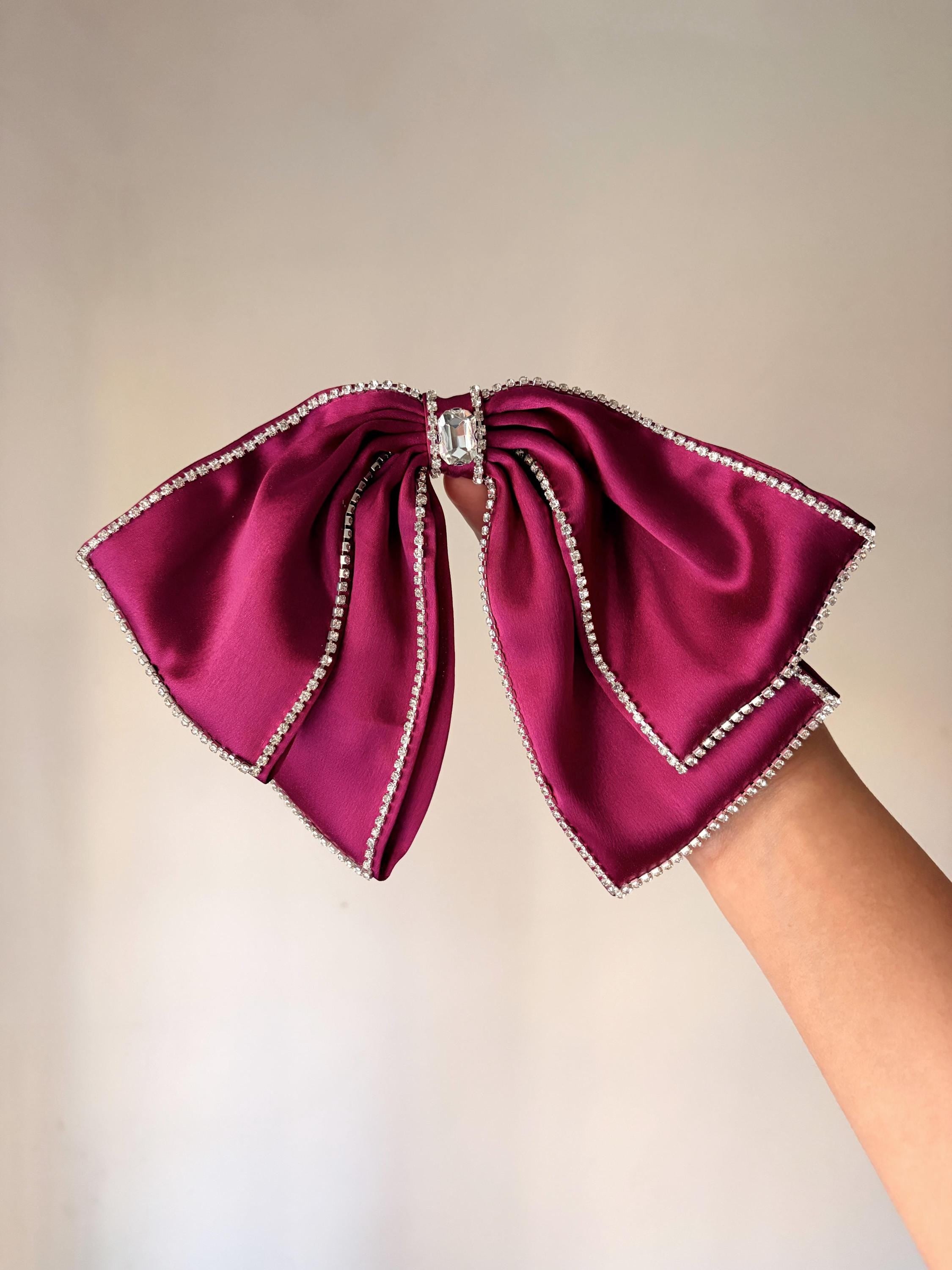 Oversized Magenta Satin Hair Bow – Rhinestone Trim, Crystal Embellished Statement Clip