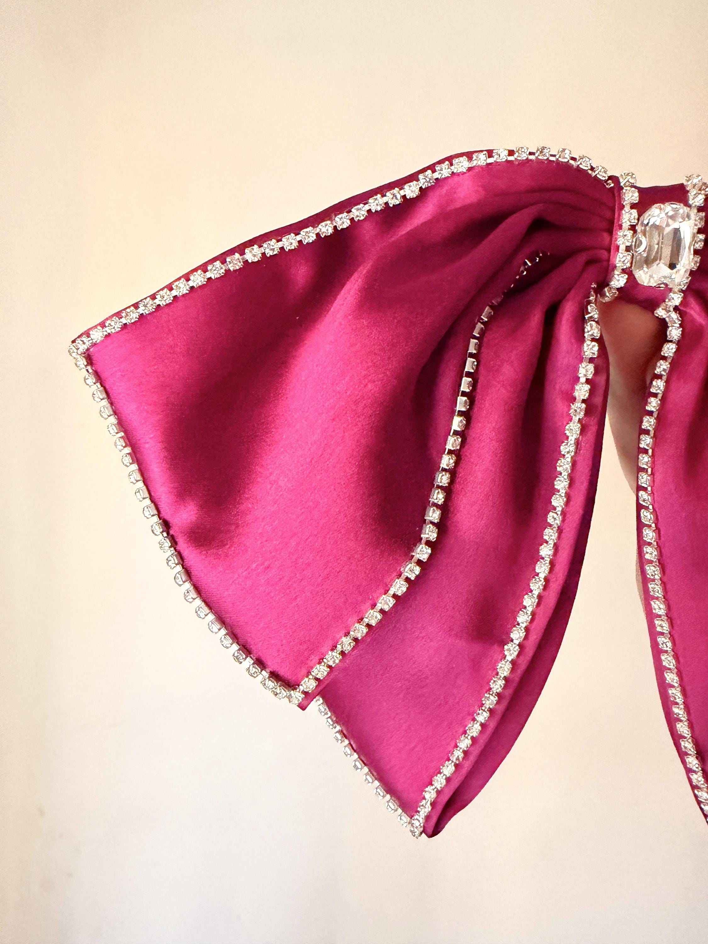 Oversized Magenta Satin Hair Bow – Rhinestone Trim, Crystal Embellished Statement Clip