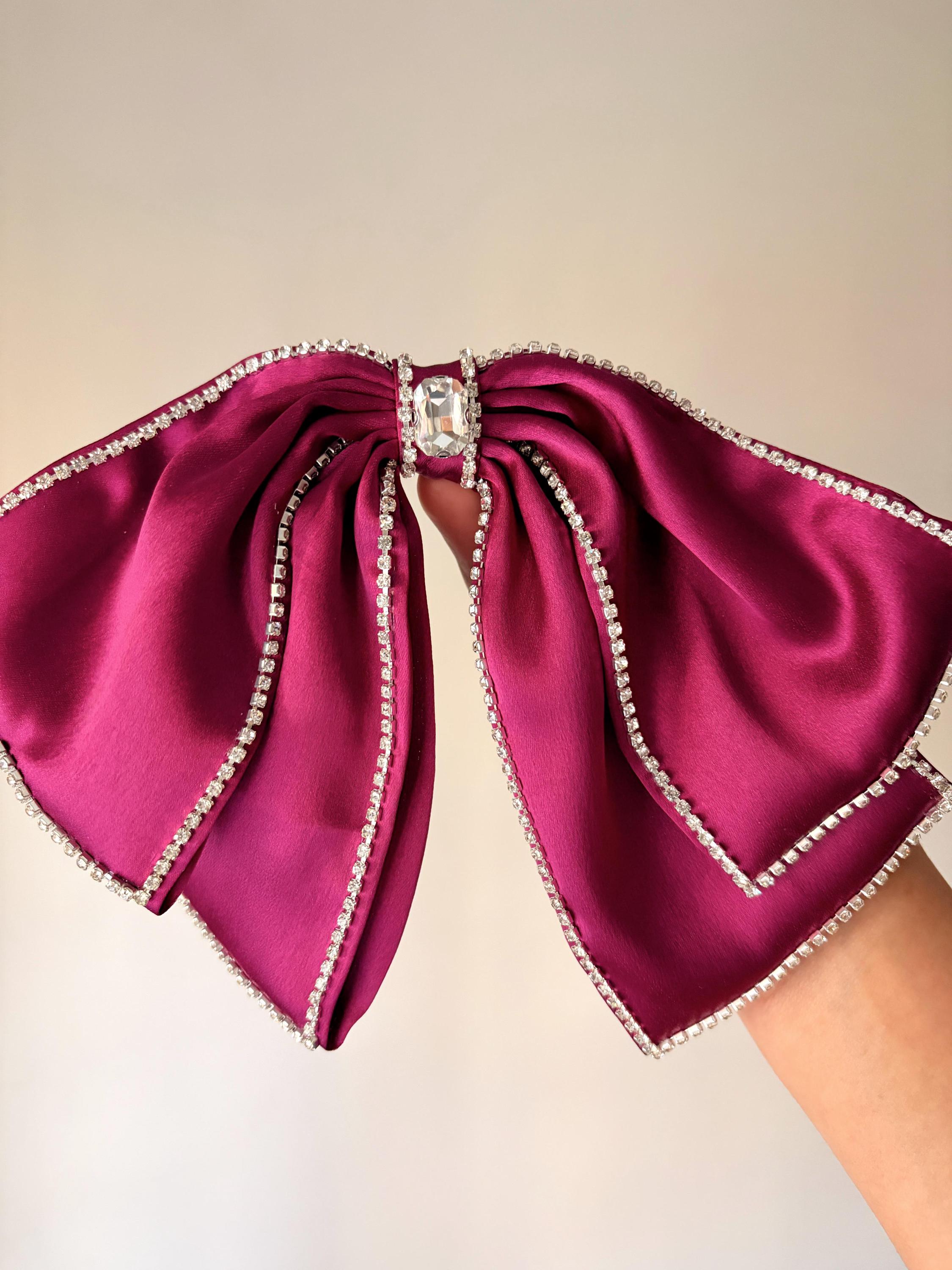 Oversized Magenta Satin Hair Bow – Rhinestone Trim, Crystal Embellished Statement Clip
