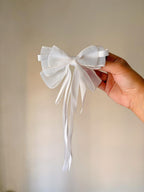 White Organza Hair Bow with Long Ribbons, Coquette Bridal Hair Accessory