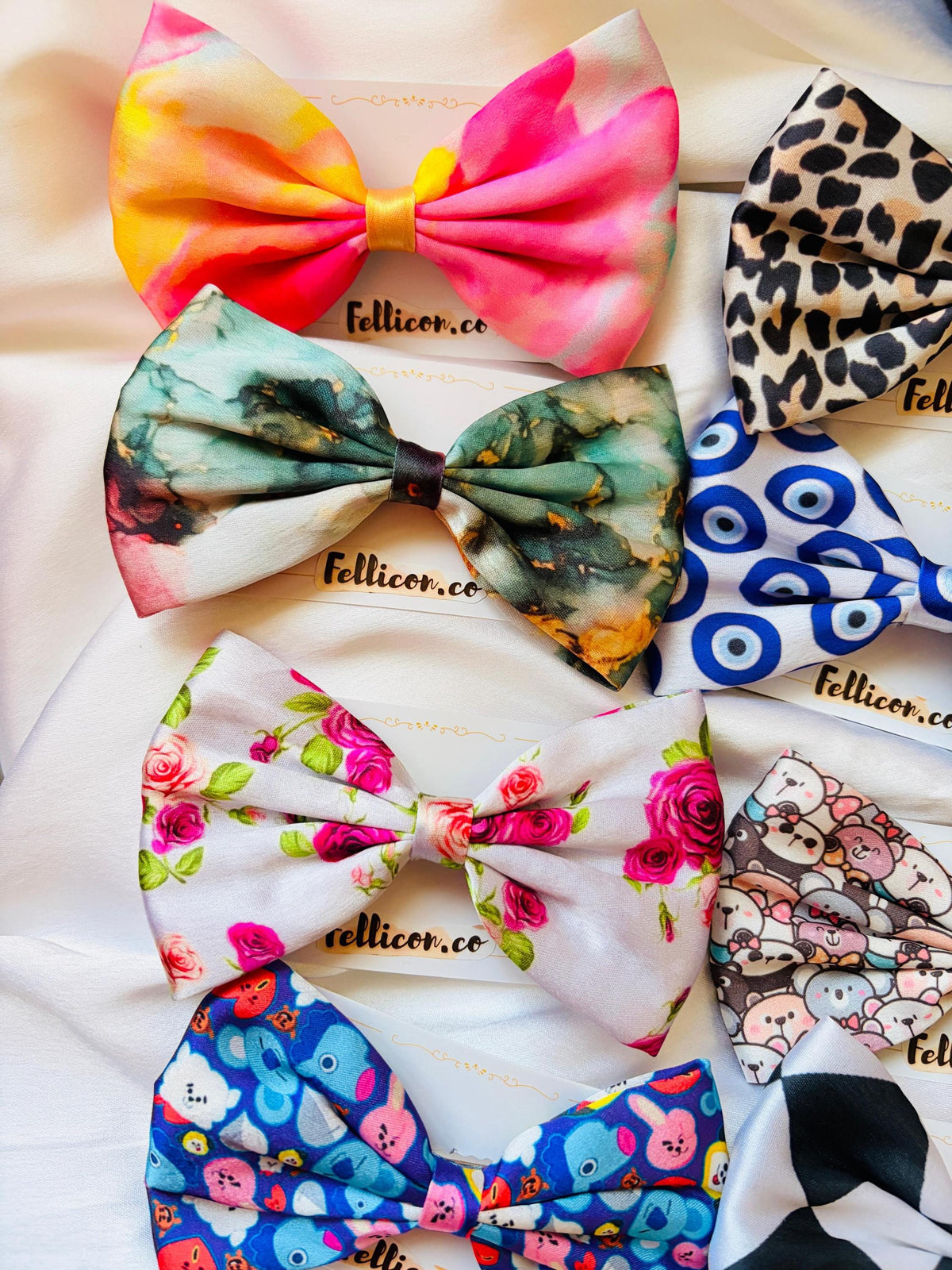 Printed Fabric Hair Bows, Handmade Satin Hair Accessories, Floral Checkered Patterns